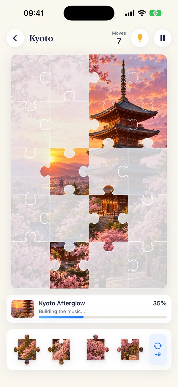 A Kyoto puzzle half assembled, with pieces waiting in the tray